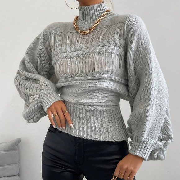 Grey Casual Womens Mock Neck Cable Knit Lantern Sleeve Ripped Sweater - Picture 6 of 7